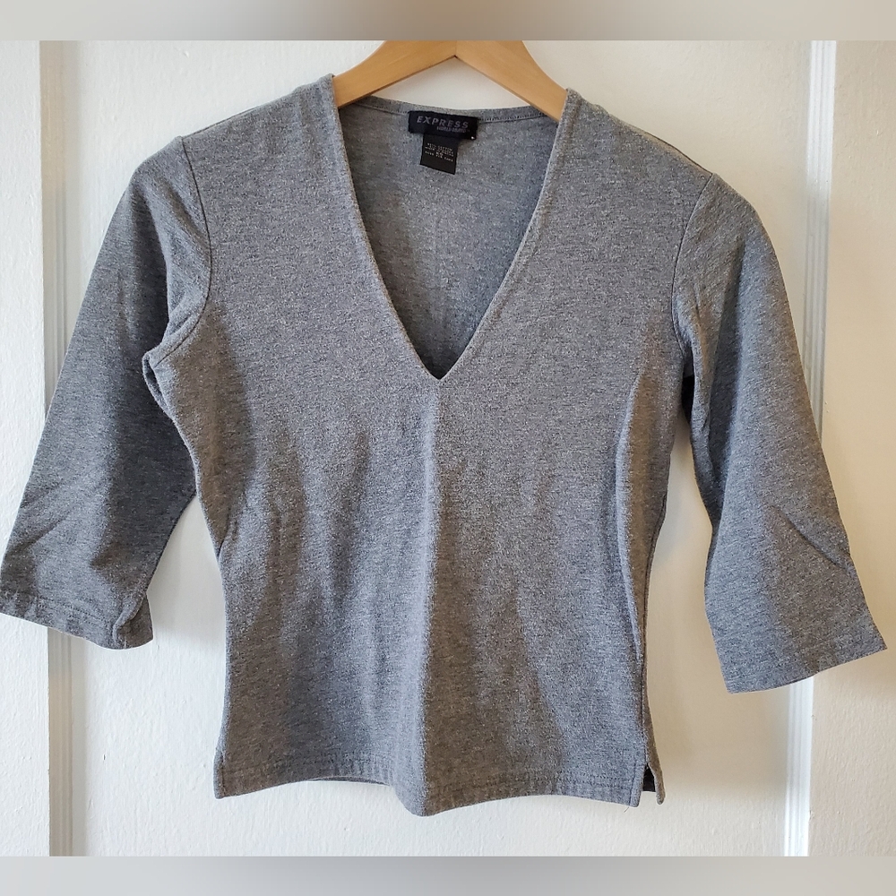 Vintage Express 3/4 Sleeve V-neck Gray Top Women's Size XS